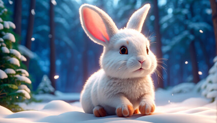 White fluffy bunny in a winter snowy forest