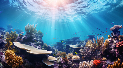 Naklejka premium Panorama background of beautiful tropical coral reef