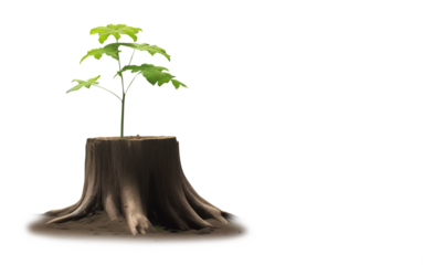 Baby tree sprout growing on a dry dead tree trunk stump - save the planet concept art - transparent pen tool PNG cutout background
