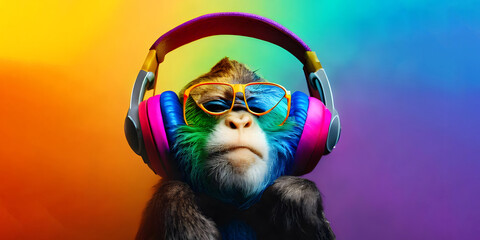A monkey is listening music with headset, colorful background. Chimpanzee with earphones.This...
