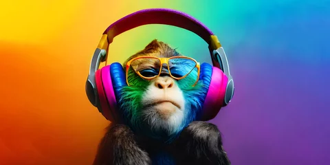 Foto op Plexiglas A monkey is listening music with headset, colorful background. Chimpanzee with earphones.This content with created with AI tools. © Serkan