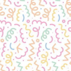 Obraz premium Cute hand drawn colorful line doodle seamless pattern. Creative minimalist style art background for kids or trendy design with basic shapes. Simple childish scribble swirls.