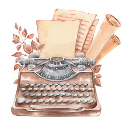 Retro typewriter with old paper and scrolls. Watercolor illustration isolated on white background. - 693020063