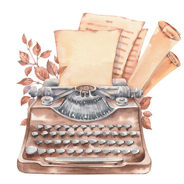Retro typewriter with old paper and scrolls. Watercolor illustration isolated on white background.