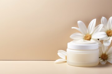 Cosmetic cream blank jar mock up with white flowers on light pastel background.