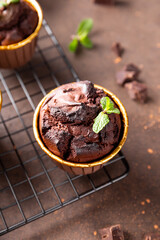 Chocolate brownie muffins with mint on dark background, vertical photo