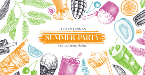 Summer party background. Non-alcoholic beverage, mocktail, ice cream, fruit, cocktail sketches. Hand drawn vector illustration. Summer food festival banner. Tropical frame design.