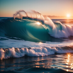 Big wave on the ocean on sunrise or sunset