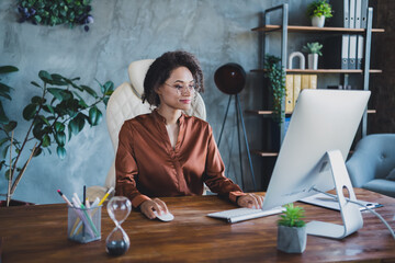 Photo of successful broker lady sitting chair keyboard write communicate partners modern...