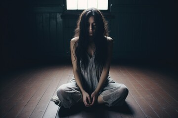 depression woman sit on the floor - obrazy, fototapety, plakaty