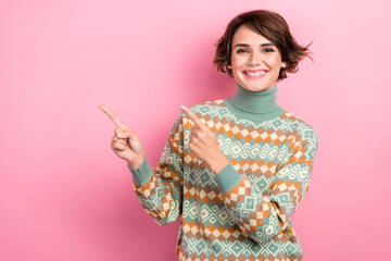 Photo of cheerful lovely lady toothy smile indicate fingers empty space proposition isolated on...