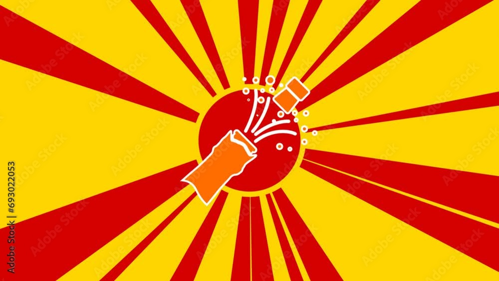 Poster champagne opening symbol on the background of animation from moving rays of the sun. large orange sy