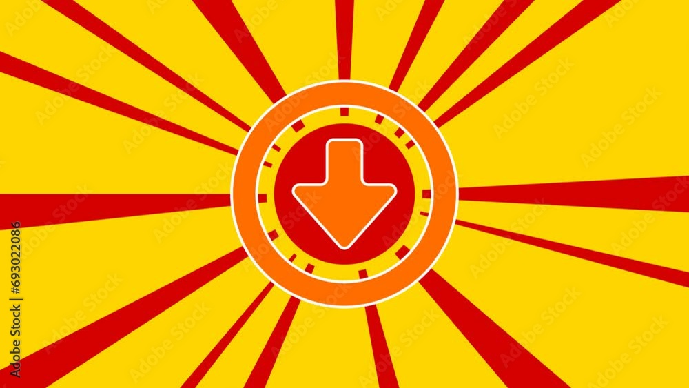Poster download symbol on the background of animation from moving rays of the sun. large orange symbol incr