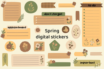 Blank floral digital stickers. Spring stickers. Digital note papers and stickers for bullet journaling or planning. Digital planner stickers. Vector art.