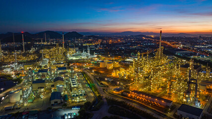 Aerial view of the morning of the oil refinery from the drone of the tower of the Petrochemistry...