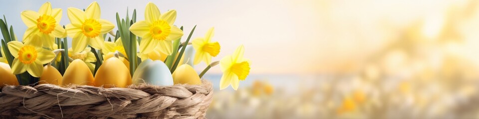 Vibrant daffodils and a hidden Easter eggs in a basket with a bokeh floral backdrop. Spring renewal theme. Perfect for event banners, seasonal wallpapers, or backgrounds with free space for text