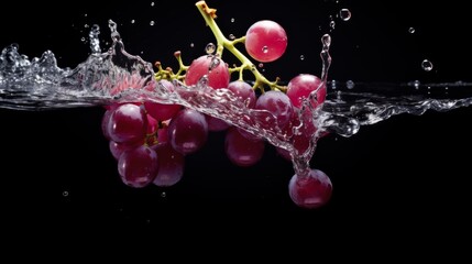 Grape in a splash of water on a black background. Premium fresh organic fruits