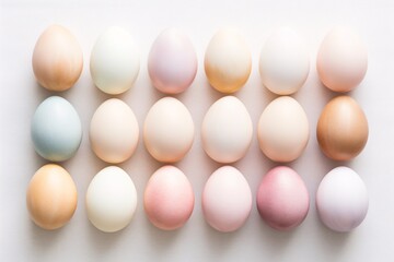 Array of natural toned Easter eggs arranged in a gradient pattern. Soft pastel colors. Easter decoration concept. Suitable for a seasonal wallpaper, background, or textile print design