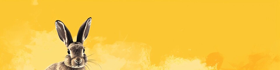 Obraz premium Vibrant Easter rabbit on a sunny yellow background with textured brush strokes. Free space for text. Lively spring atmosphere. Easter holiday spirit. Perfect for a festive banner, backdrop, or poster