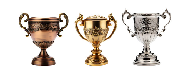 Champion Trophy Set: Gold, Silver, and Bronze Trophy Cup, Isolated on Transparent Background, PNG - obrazy, fototapety, plakaty