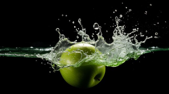 Green apple in a splash of water on a black background. Premium fresh organic fruits