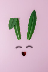 Bunny face made of natural green leaves with eyelashes on pastel pink background. Easter minimal concept. Flat lay.