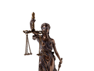 Bronze statue of Lady Justice on a transparent background PNG. Statue of Justice close up