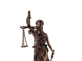 Bronze statue of Lady Justice on a transparent background PNG. Statue of Justice close up