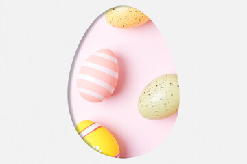 Egg shape cut in the white paper with different colorful Easter eggs. Minimal spring holidays concept.