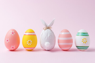 Easter egg wrapped in a paper in the shape of a bunny with colorful Easter eggs. Minimal Easter concept.