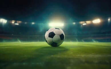 Fototapeta premium soccer ball in stadium lights, soccer ball sitting on top of a lush green field, soccer ball.