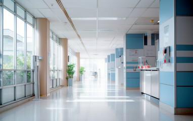 Obraz premium Blurred interior of hospital hall. Abstract medical banner with empty space for text.