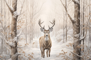 deer in the forest, vintage style, winter, snow