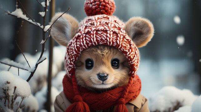 a teddy bear wearing a sweater and scarf in the fall Small and lovely anthropomorphic white baby bear wearing a lovely red Christmas hat wearing a cozy wool Christmas sweater.AI Generative