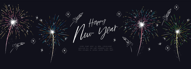 Fun hand drawn doodle fireworks and Happy New Year Greetings - great for textiles, wrapping, banner, wallpapers - vector design - obrazy, fototapety, plakaty