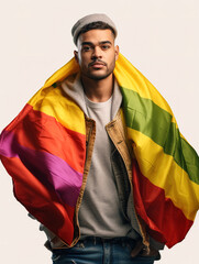 Young multiethnic gay man wrapped in colorful rainbow flag of LGBT looking at camera while posing isolated over white background.