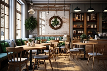 Interior design of cafe with wooden vintage style, decorated with warm and cozy tones, relaxing tones with classic old wood round corner counter and coffee machinery. - obrazy, fototapety, plakaty