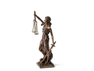 Bronze statue of Lady Justice on a transparent background PNG. Statue of Justice close up