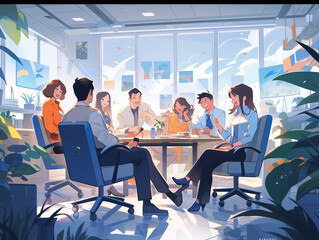 a group of colleague smelling in a meeting in a good atmosphere, comic style, office vibrance