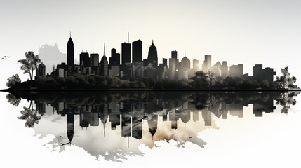 metropolitan city skyline with reflection, black with details