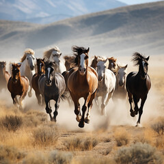 Horses Running Across a Dry Grass Field