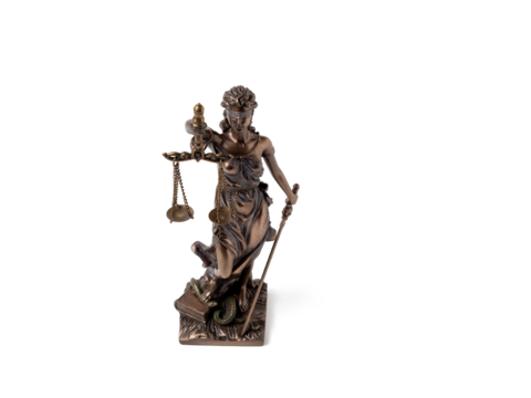 Bronze statue of Lady Justice on a transparent background PNG. Statue of Justice close up