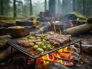 Close-up of camping cooking, filet with vegetables on the fire in the forest, outdoor lifestyle