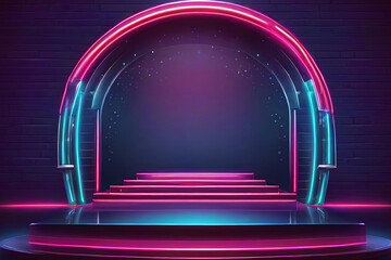 Dynamic 3D product podium with futuristic neon tunnel lighting Showcase promotion in abstract geometric scene 