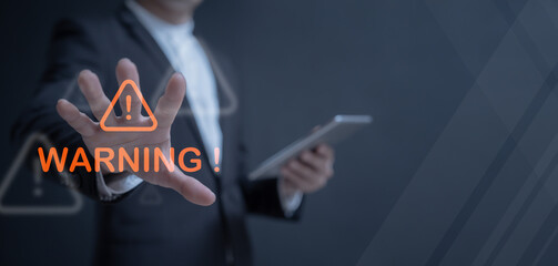 Caution in investing Economic situation warning sign. Protection, privacy, safety of software. Online access protect password system and cyberspace from hacker scammer by risk of credit card data hack
