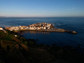 Aerial view of the town of Caión on the Galician coast. Laracha