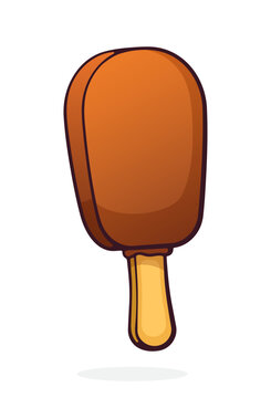 Ice cream on stick with chocolate glaze. Vector illustration. Hand Drawn Cartoon illustration with outline. Design element isolated on white background