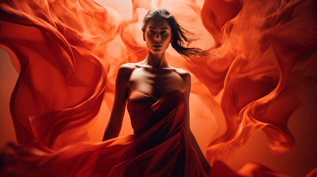 woman in red dress and fire.Minimal creative fashion concept.