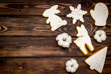 Homemade baked white Christmas cookies, top view. New Year background
