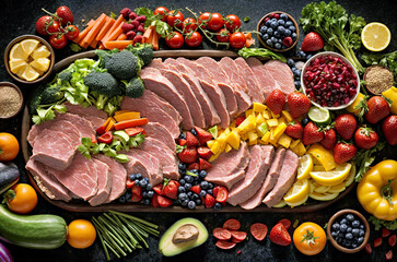 A Colorful Platter of Meat, Fruit, and Vegetables